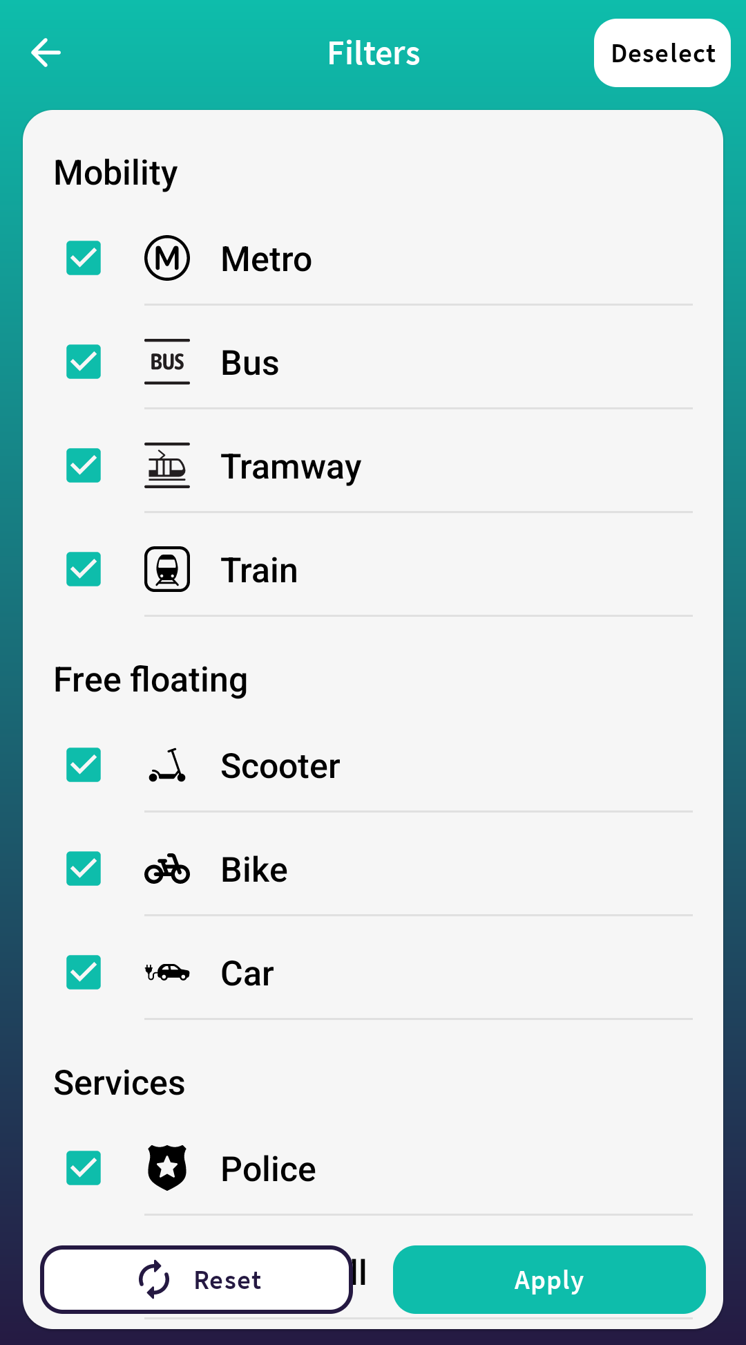 Filters screen