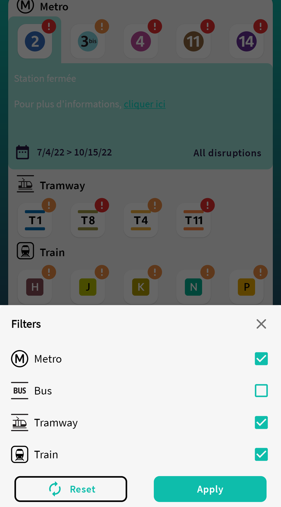 Filters menu