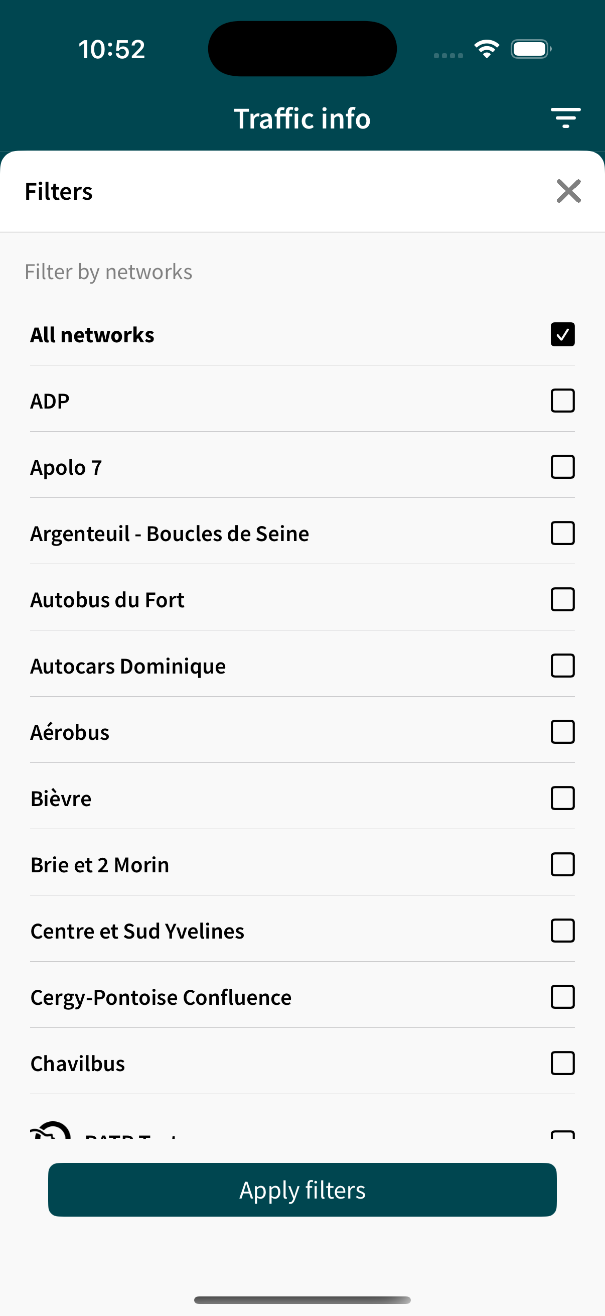Filters menu